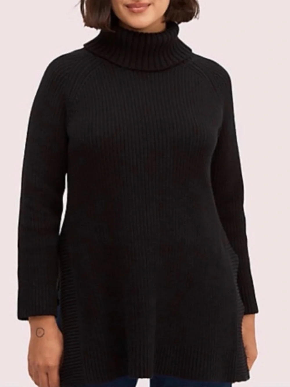 Kate Spade Black Turtleneck Knit Tunic Sweater XS Side Splits Cotton Cashmere